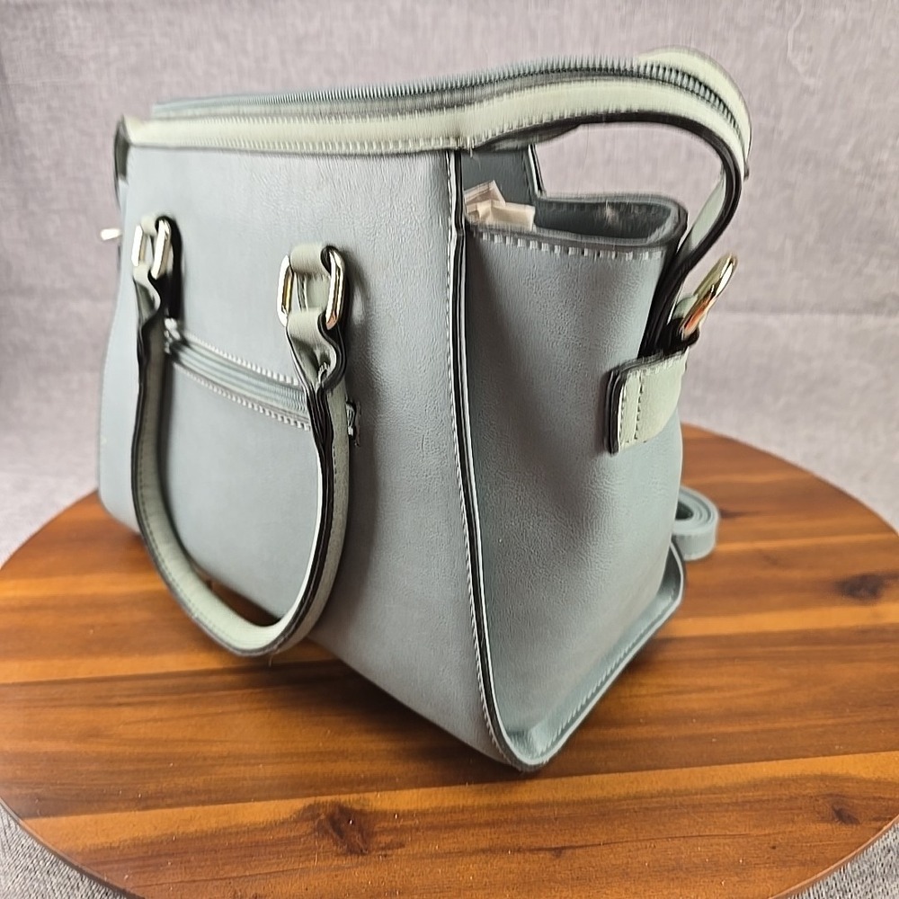 Blue Grey Laser Cut Faux Leather Satchel Handbag with Crossbody Strap Gold Tone - Picture 7 of 9